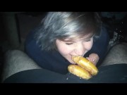 Chubby girl eats doughnuts off cock